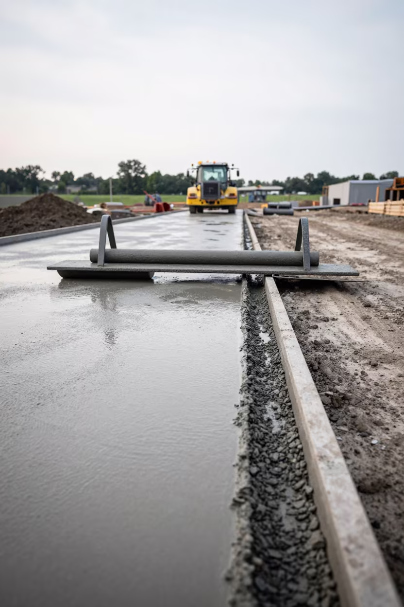 Concrete Pour Lane Under Late Summer Overcast Sky in inside a taped-off excavation edge in Ohio