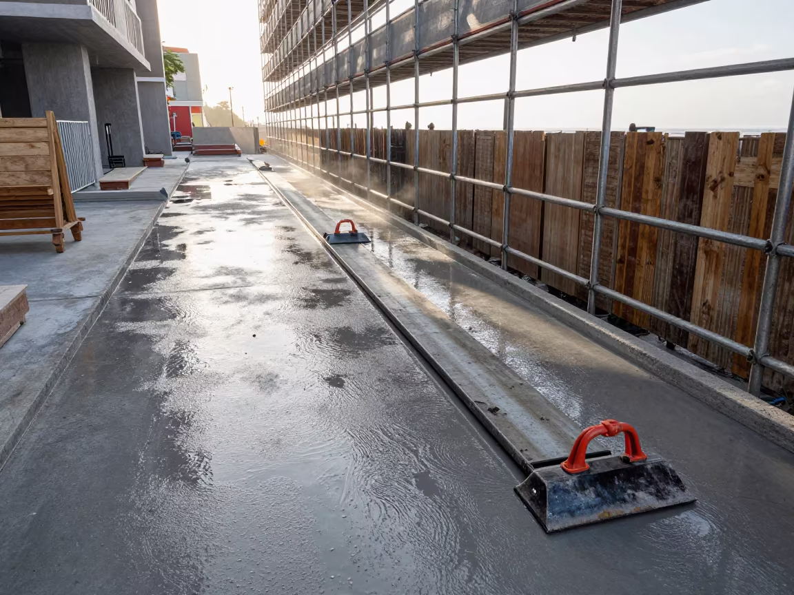Concrete Pour Lane with Tools Under Dry Season Rain in along a scaffolded facade in Egypt
