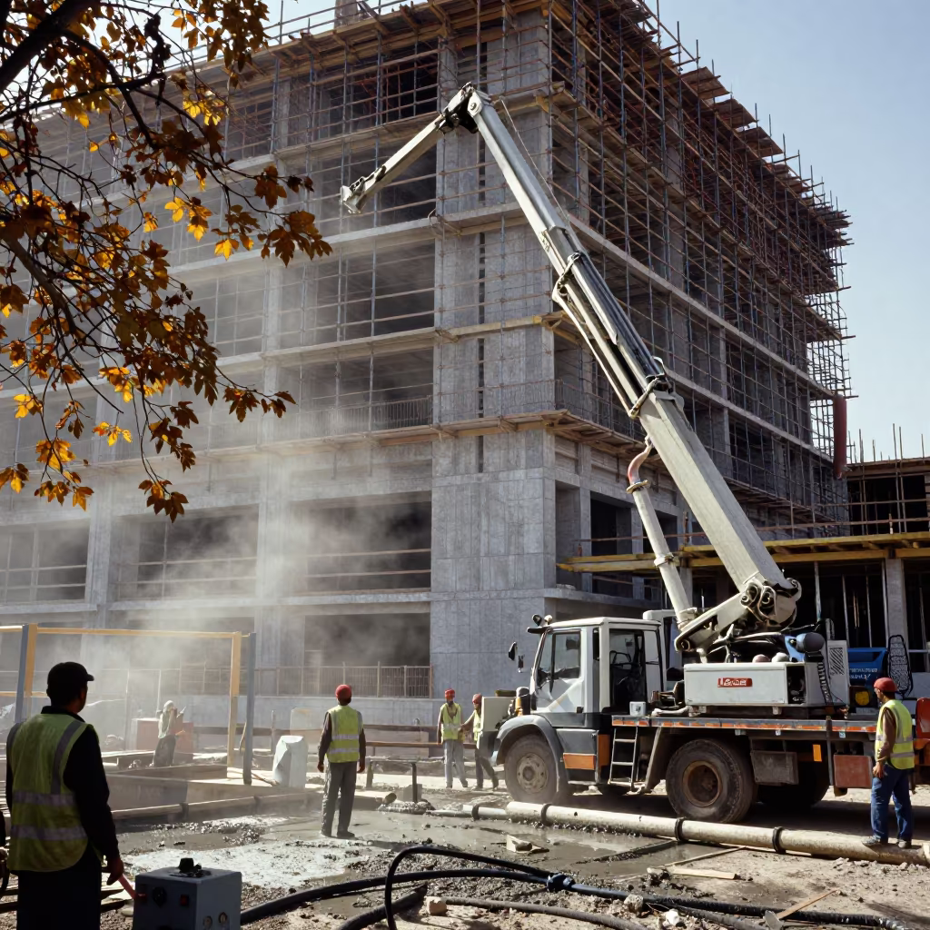 Concrete Pour Midday Saudi Construction Site in along a scaffolded facade in Saudi Arabia