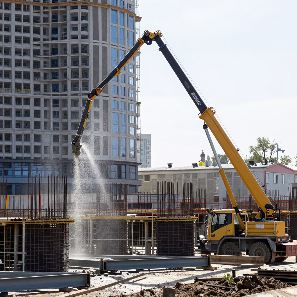 Concrete Pour Pump Boom Noon Drizzle Tashkent in beside a framed building shell near Tashkent