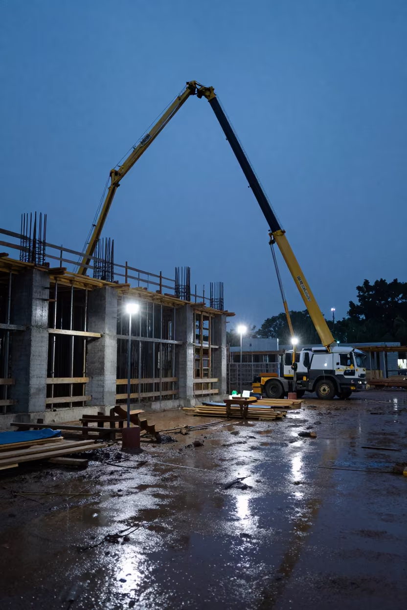 Concrete Pour at Twilight in Haiti Construction Site in beside a framed building shell in Haiti