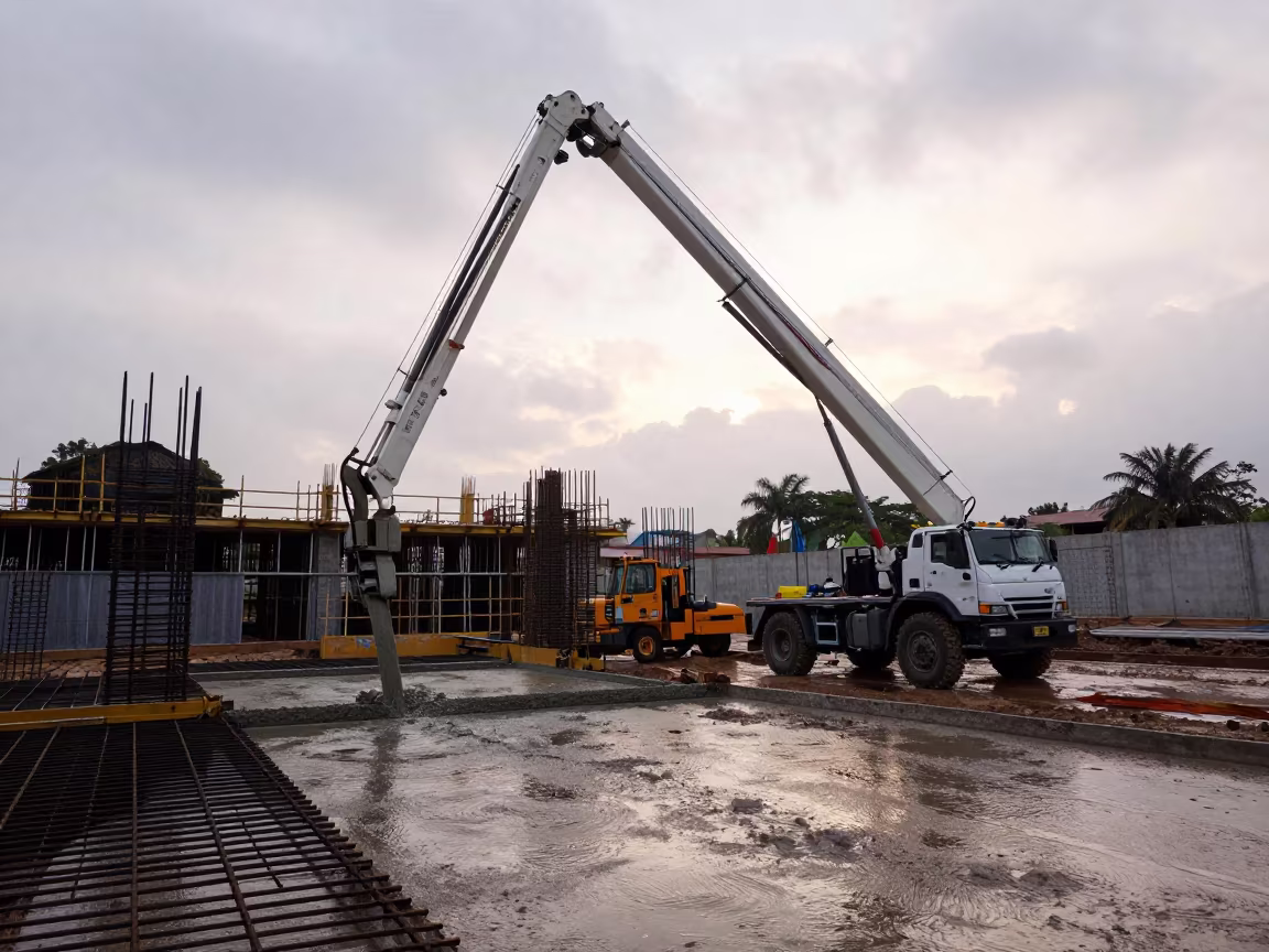 Concrete Pump Boom Extends Over Active Construction Site in on an active construction deck near Caguas