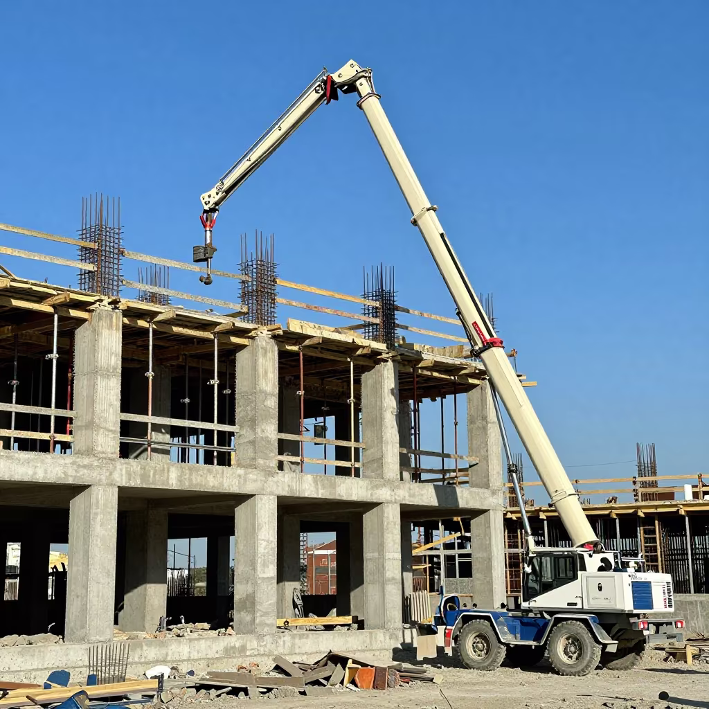 Concrete Pump Boom Extends Over Albania Construction Site in beside a framed building shell in Albania
