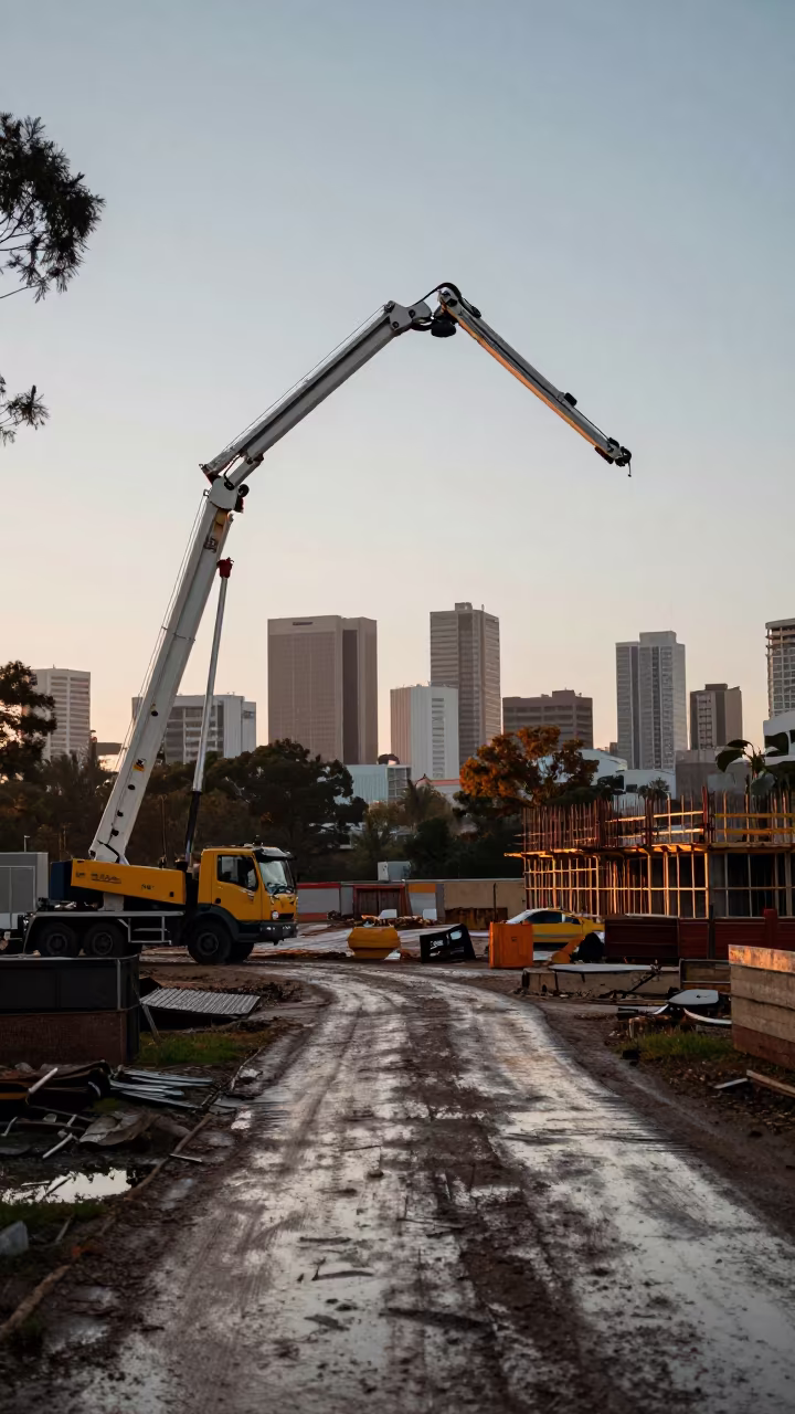 Concrete Pump Boom Dawn Adelaide Construction in at a muddy site access road near Adelaide