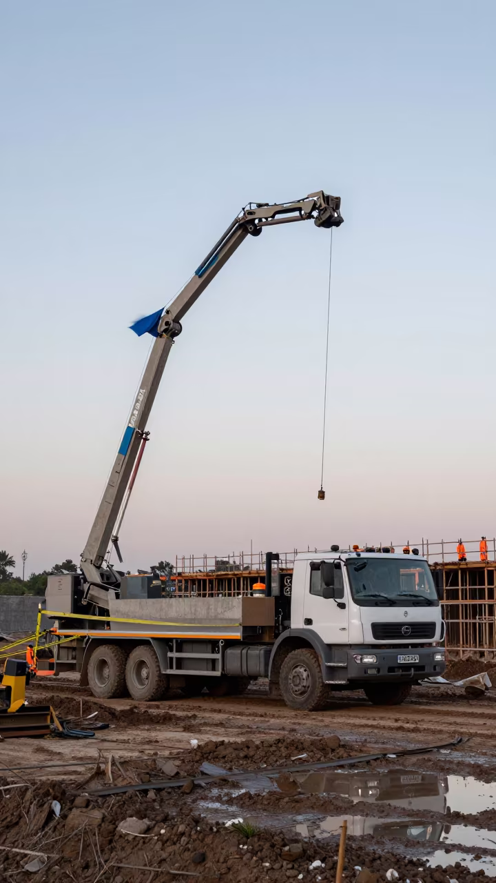 Concrete Pump Boom Dawn Light Vitoria Site in at a muddy site access road in Vitoria
