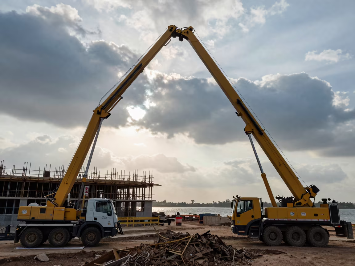 Concrete Pump Boom Over Garoua Construction Pit in beside a framed building shell in Garoua