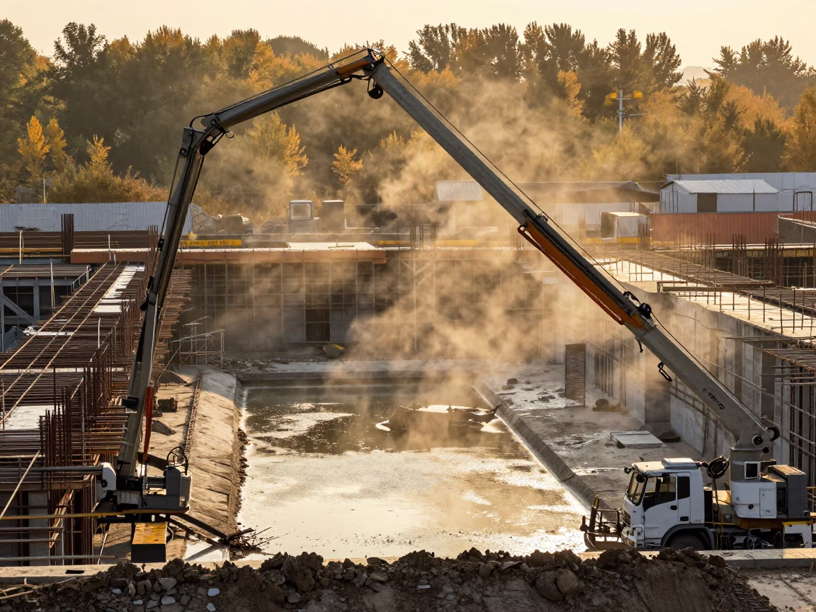 Concrete Pump Boom Over Henan Construction Pit in beside a framed building shell in Henan