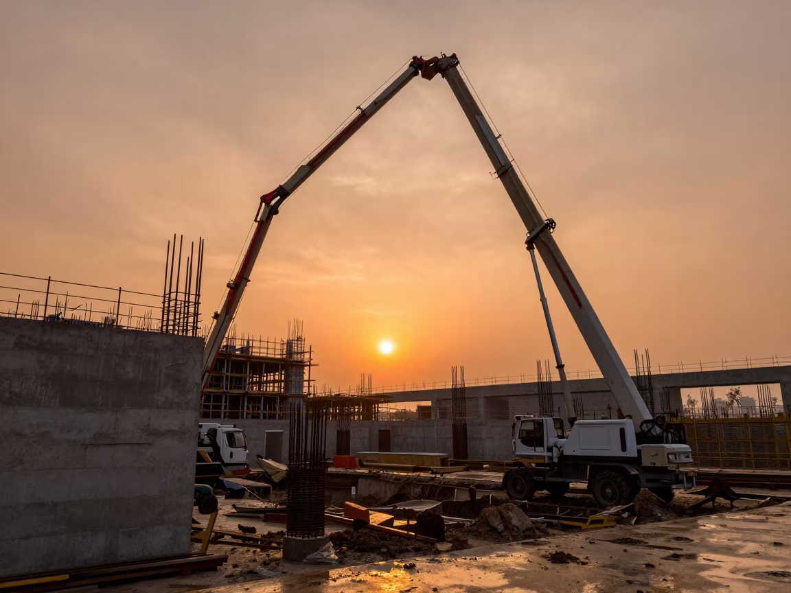 Concrete Pump Boom Arcs Over Jiangsu Construction Site at Sunset in beside a framed building shell in Jiangsu