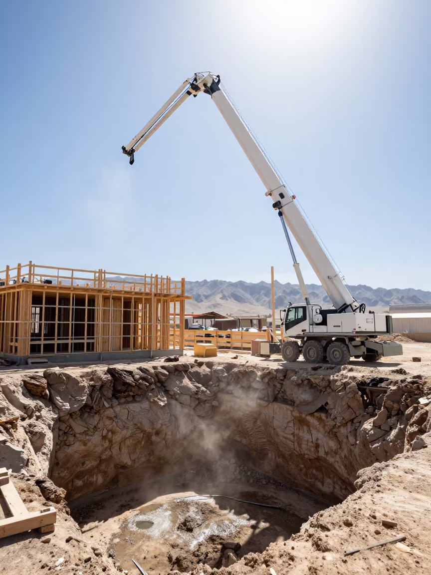 Concrete Pump Boom Over Nevada Construction Pit in beside a framed building shell in Nevada
