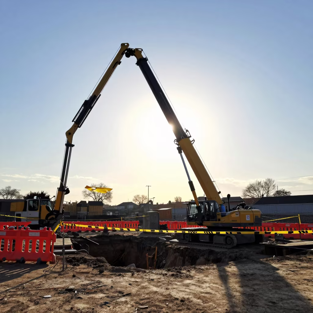 Concrete Pump Boom Silhouette at Golden Hour in inside a taped-off excavation edge in Ipswich