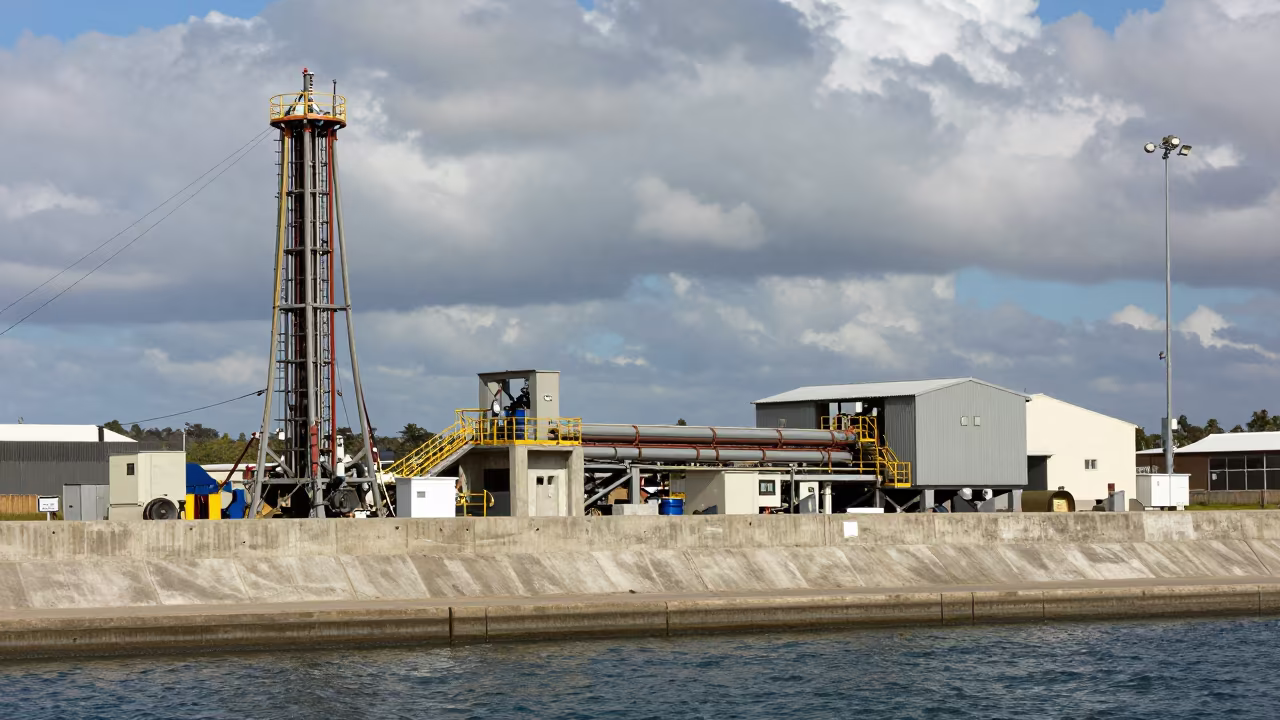 Concrete Pumping Station Under Noon Sky in along a levee path above floodwater in Durban