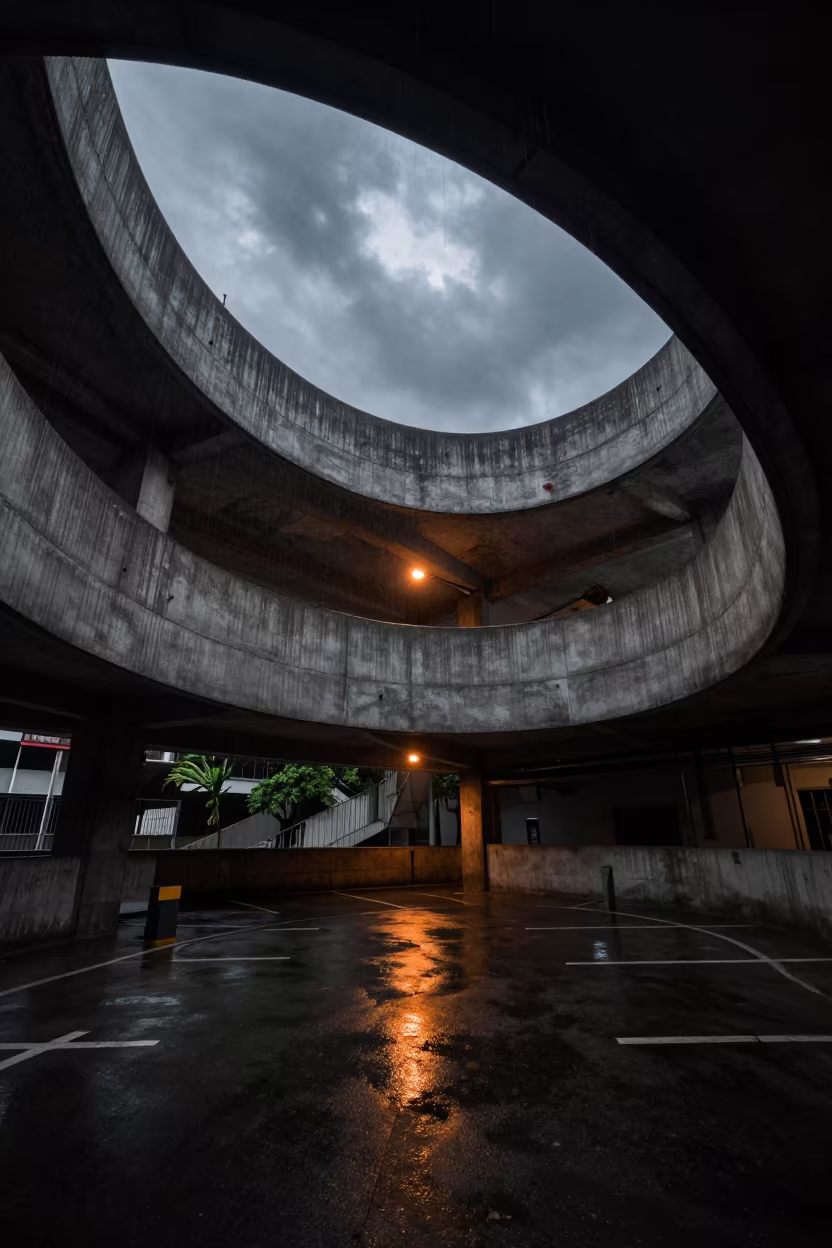 Concrete Ramp Night Reflections Surat in inside a skylit passageway near Surat