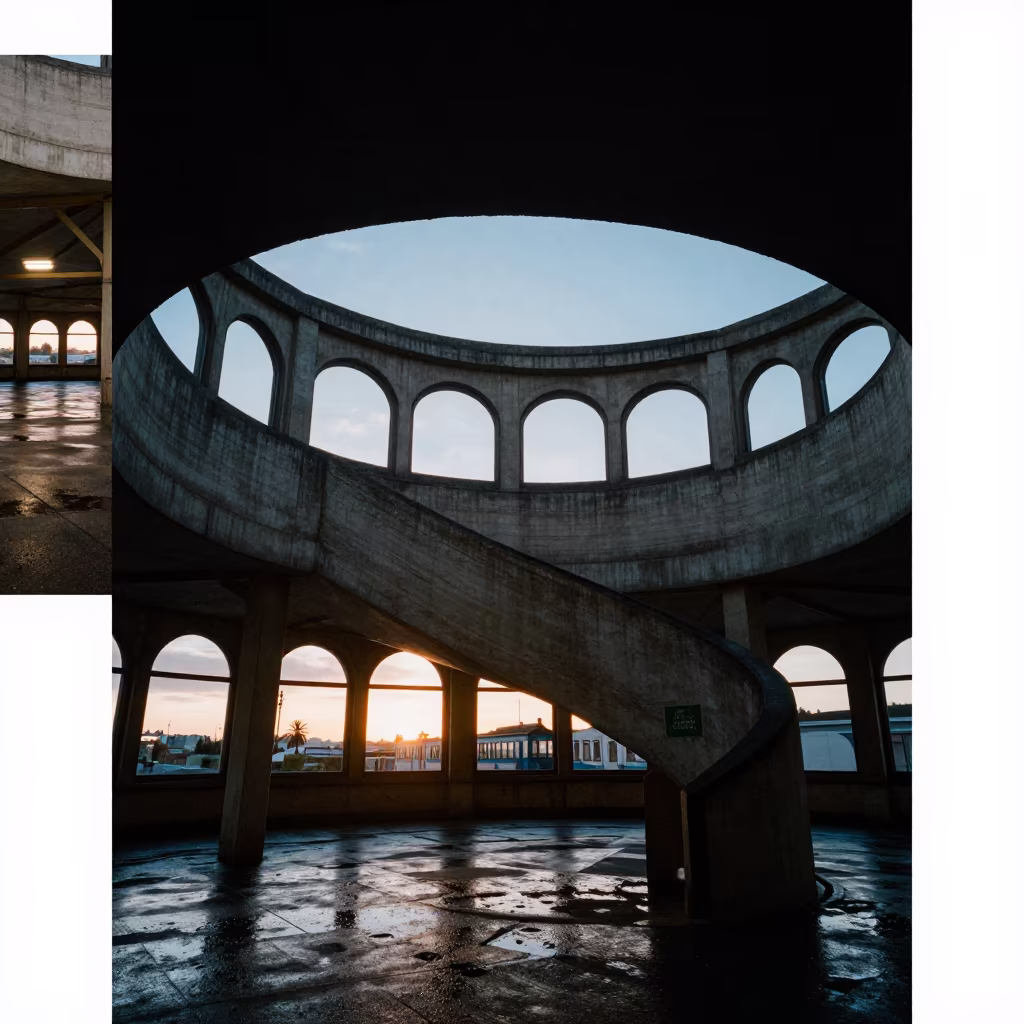 Concrete Ramp Silhouette Blue Hour Terminal in inside a restored train terminal near Béjaïa
