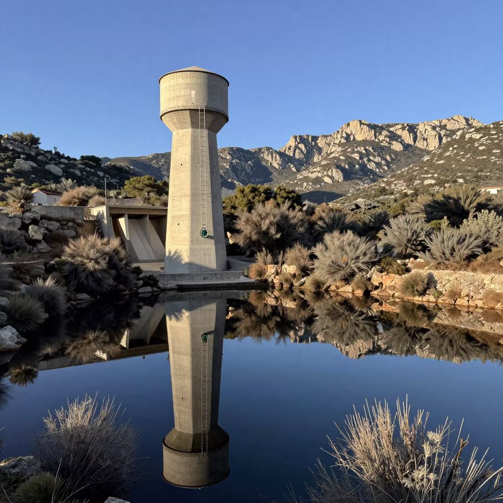 Concrete Reservoir Tower Mirrored in Corsican Water in beside a water tower ladder in Corsica