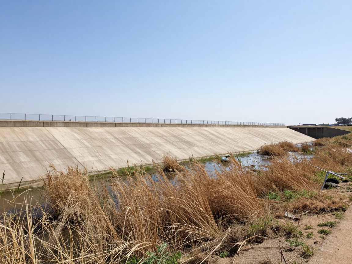 Concrete Storm Drain Basin Beside Yamoussoukro Levee Reeds in along a levee path above floodwater near Yamoussoukro