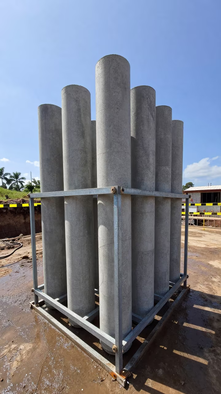Concrete Test Cylinder Rack Near Excavation Edge in inside a taped-off excavation edge near Campo Grande