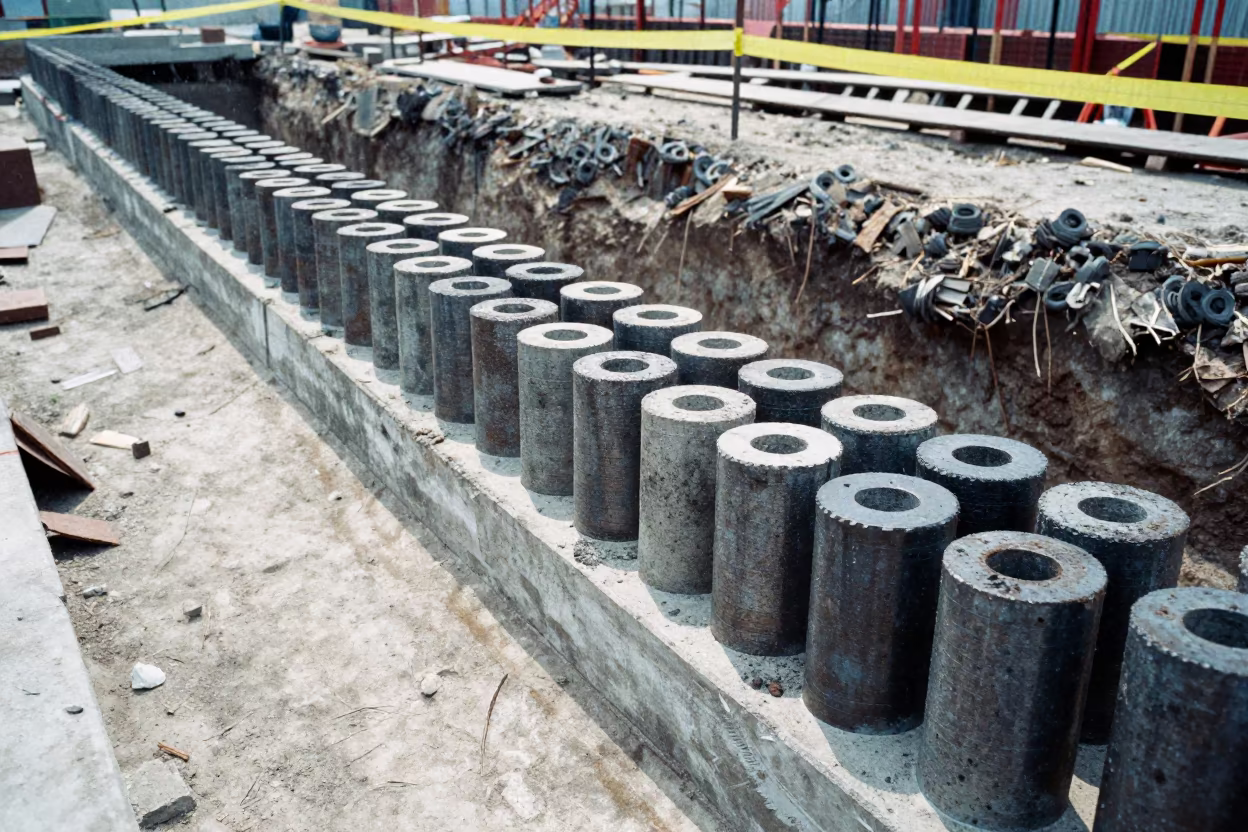 Concrete Test Cylinders at Makassar Excavation Site in inside a taped-off excavation edge in Makassar