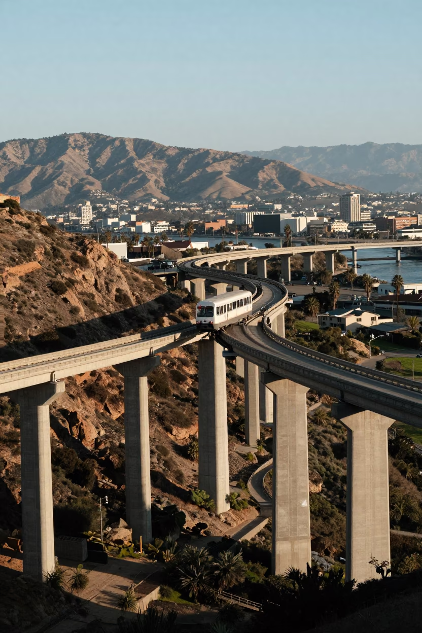 Concrete Viaduct and Monorail in Los Angeles Late Afternoon Light in in Los Angeles, California, United States
