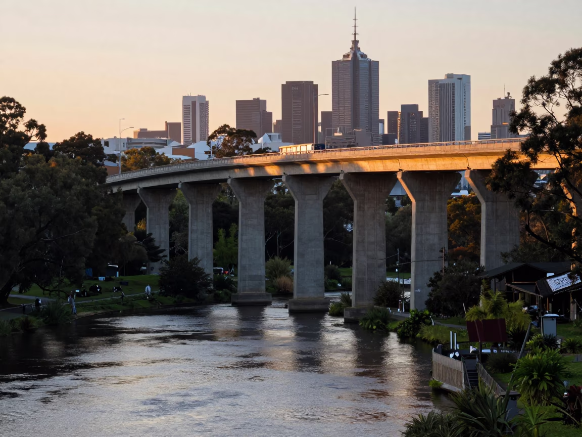 Concrete Viaduct at Dawn in Melbourne Victoria with Urban River Scene in in Melbourne, Victoria, Australia