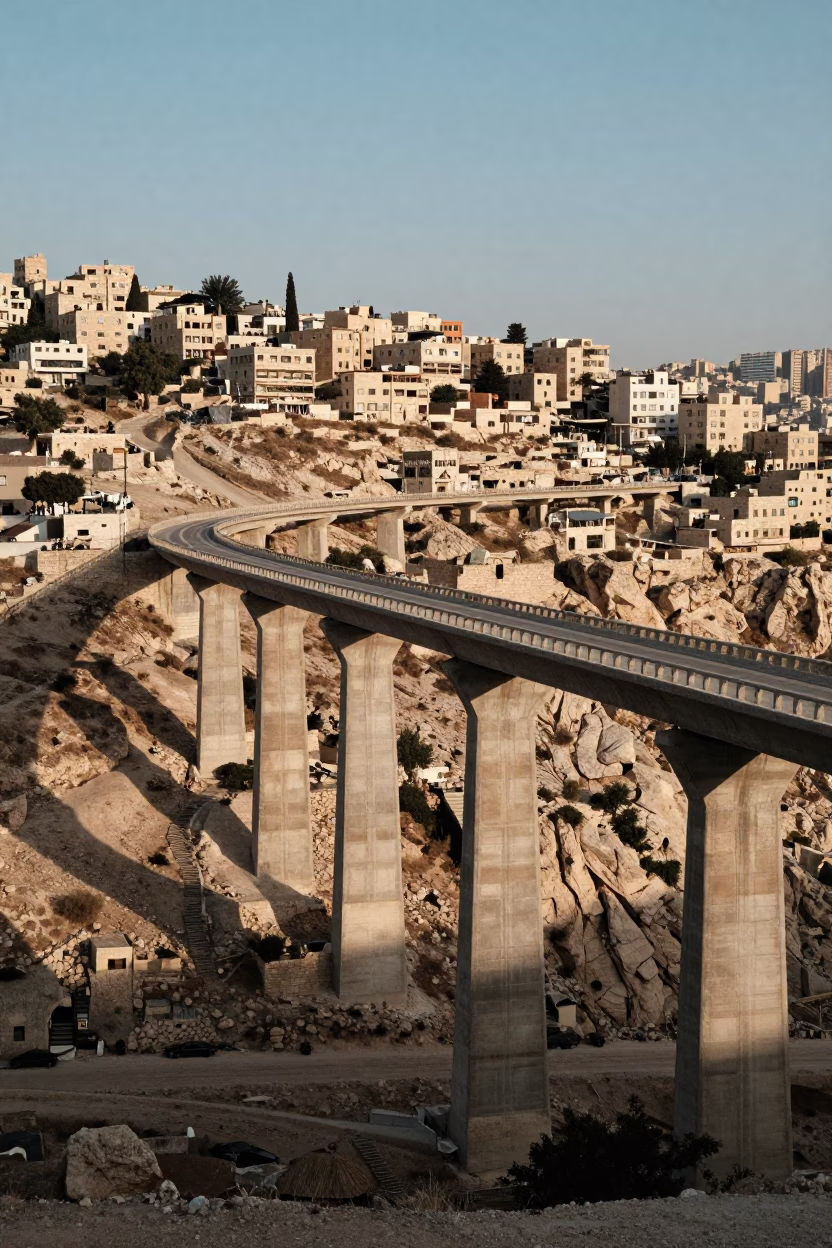 Concrete viaduct curving across Amman valley floor in clear late-afternoon light in in Amman, Jordan