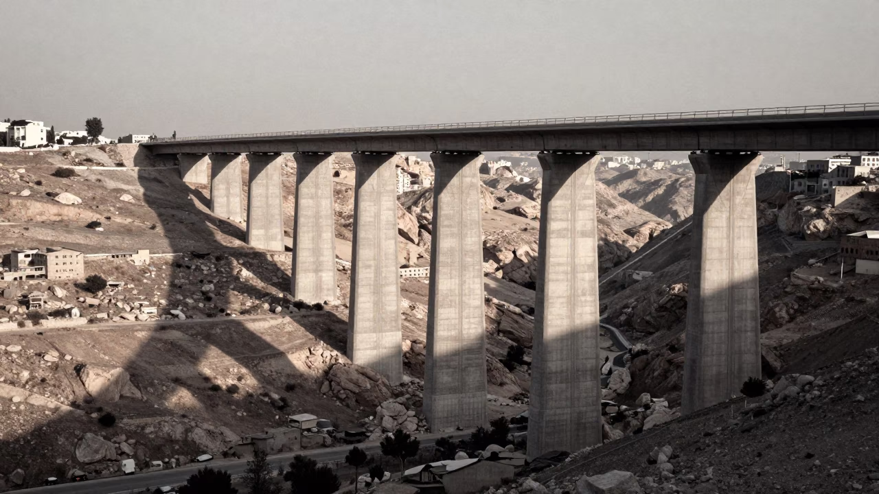 Concrete viaduct curving across Amman valley floor under early afternoon sun in in Amman, Jordan