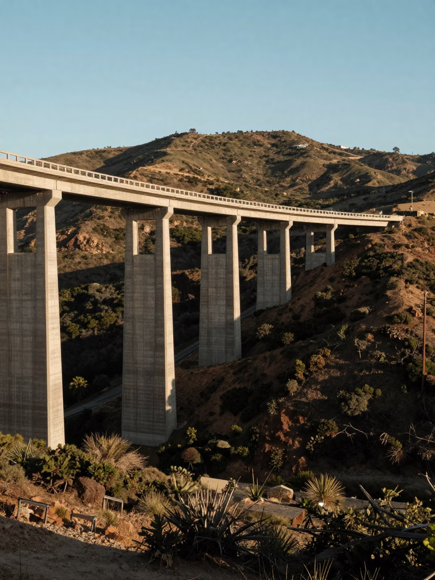 Concrete Viaduct Curving Across Los Angeles Valley Floor in Early Afternoon Light in in Los Angeles, California, United States
