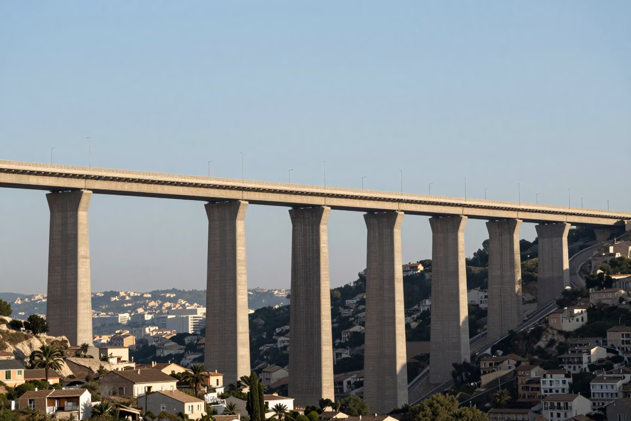 Concrete Viaduct Curving Across Marseille Valley Floor Under Early Afternoon Sky in in Marseille, France