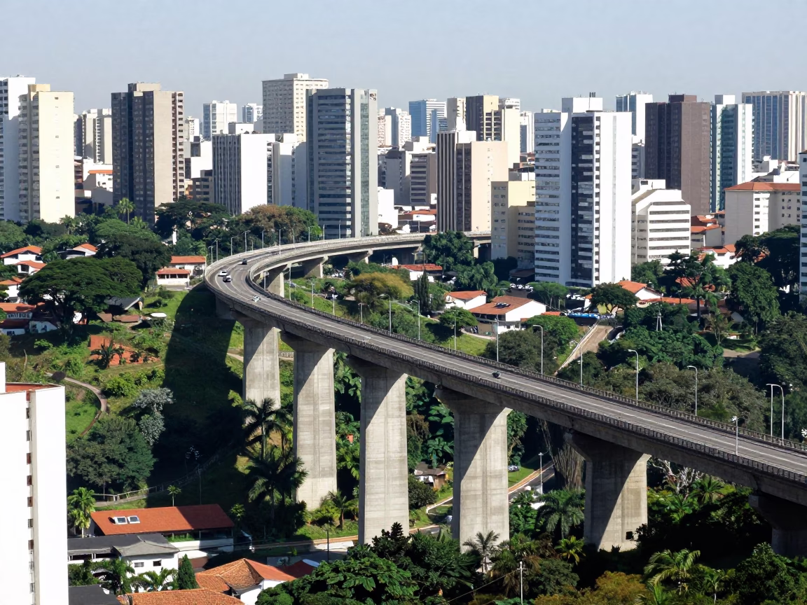Concrete Viaduct Curving Across São Paulo Valley Floor in Bright Midmorning Light in in São Paulo, Brazil