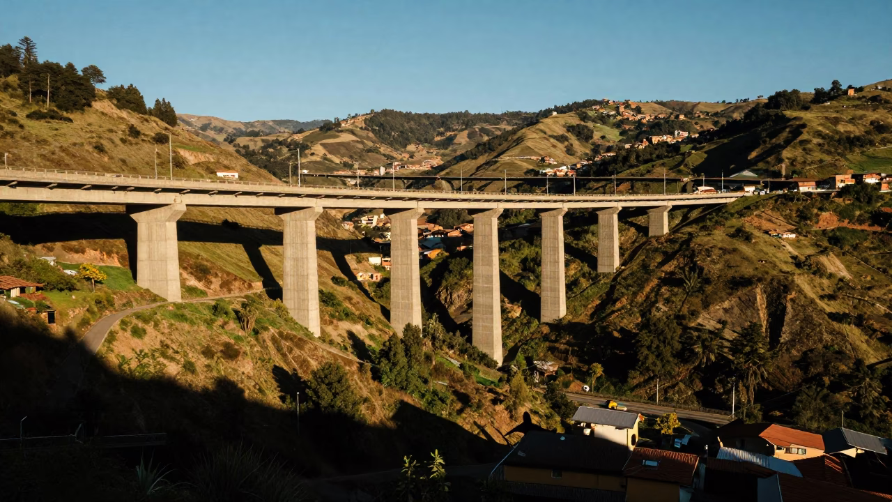 Concrete viaduct curving across the Aburrá Valley in Medellin late afternoon light in in Medellin, Colombia