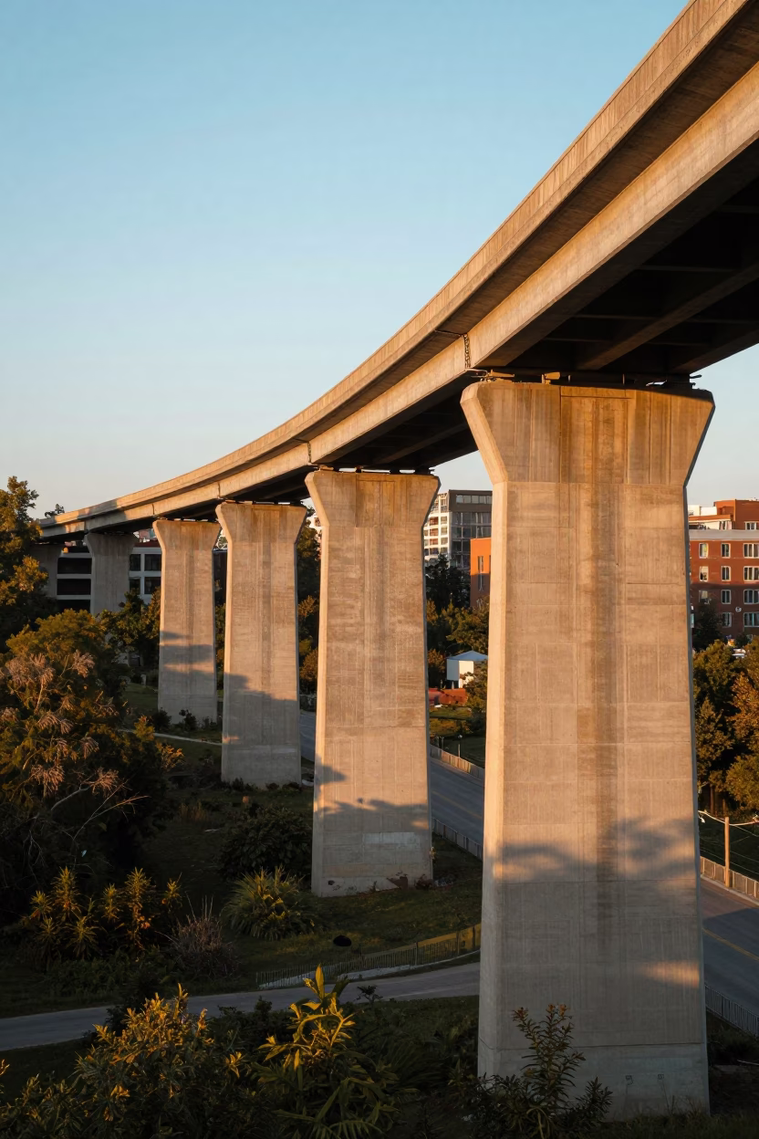 Concrete Viaduct Curving Across Toronto Valley Floor in Honeyed Evening Light in in Toronto, Ontario, Canada