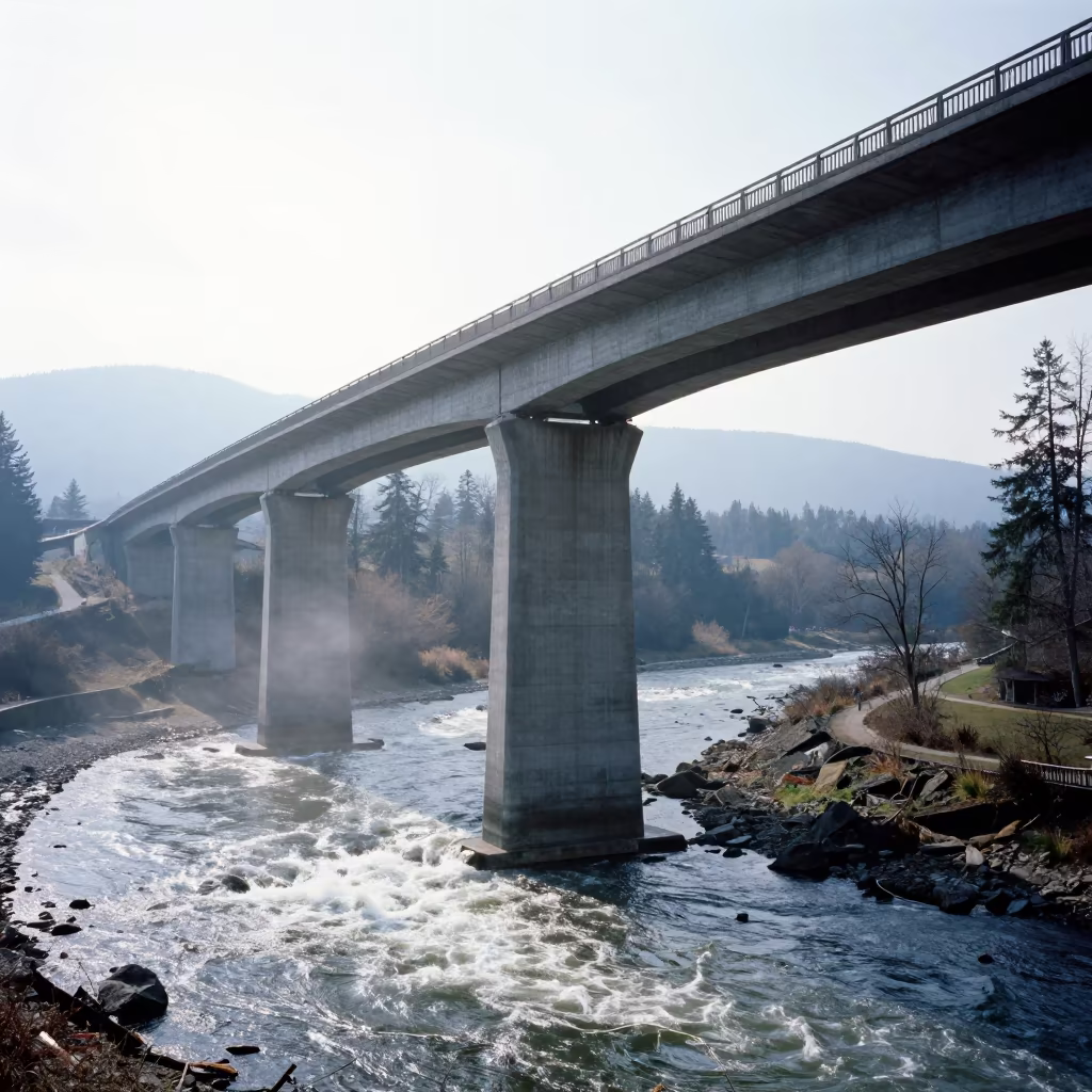 Concrete Viaduct Curving Over Strathcona Valley in beside a bridge pier above moving water near Strathcona, Vancouver