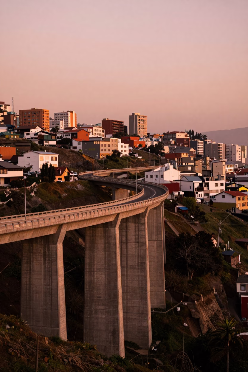 Concrete Viaduct Curving Over Valparaiso Valley Floor in Copper Dusk Light in in Valparaiso, Chile