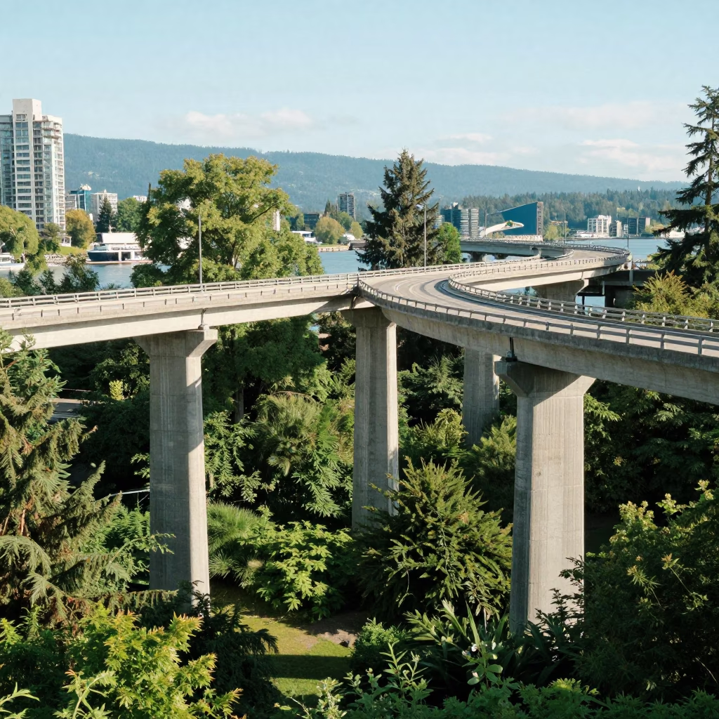 Concrete Viaduct Overlooking Burrard Inlet in Bright Midmorning Vancouver British Columbia in in Vancouver, British Columbia, Canada