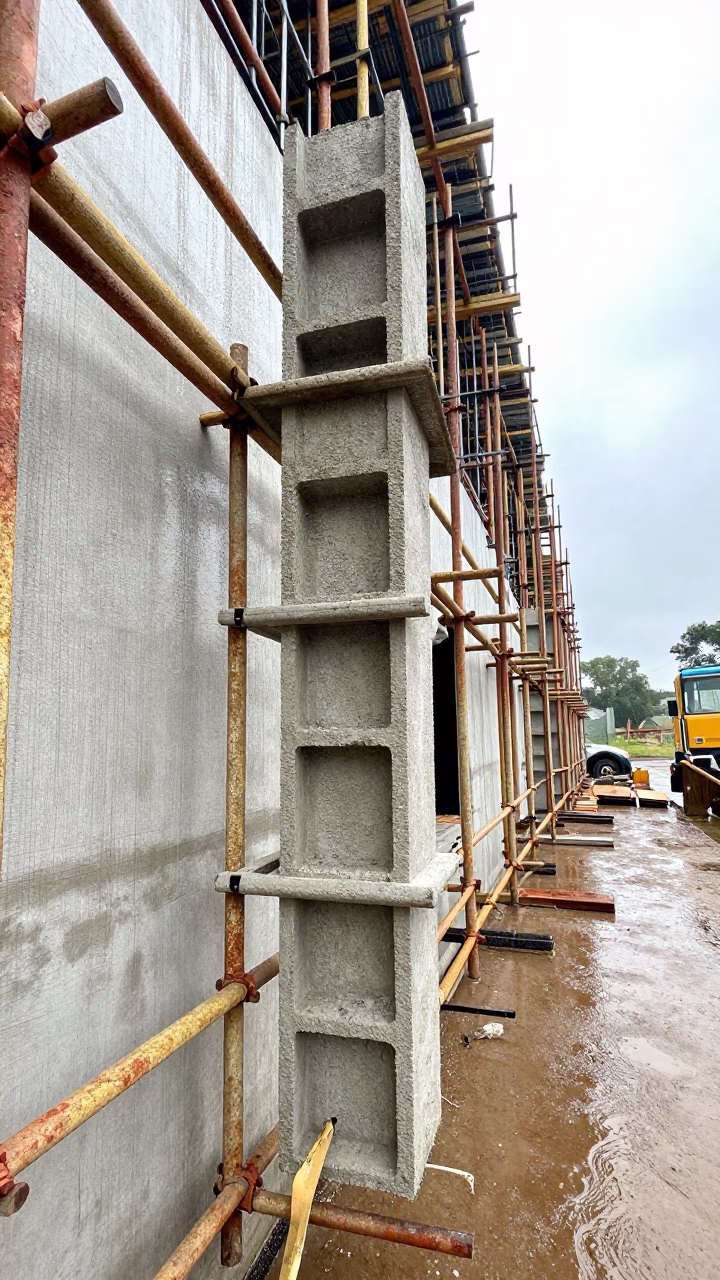 Concrete Vibrator Rack on Scaffolded Facade in along a scaffolded facade in Botswana