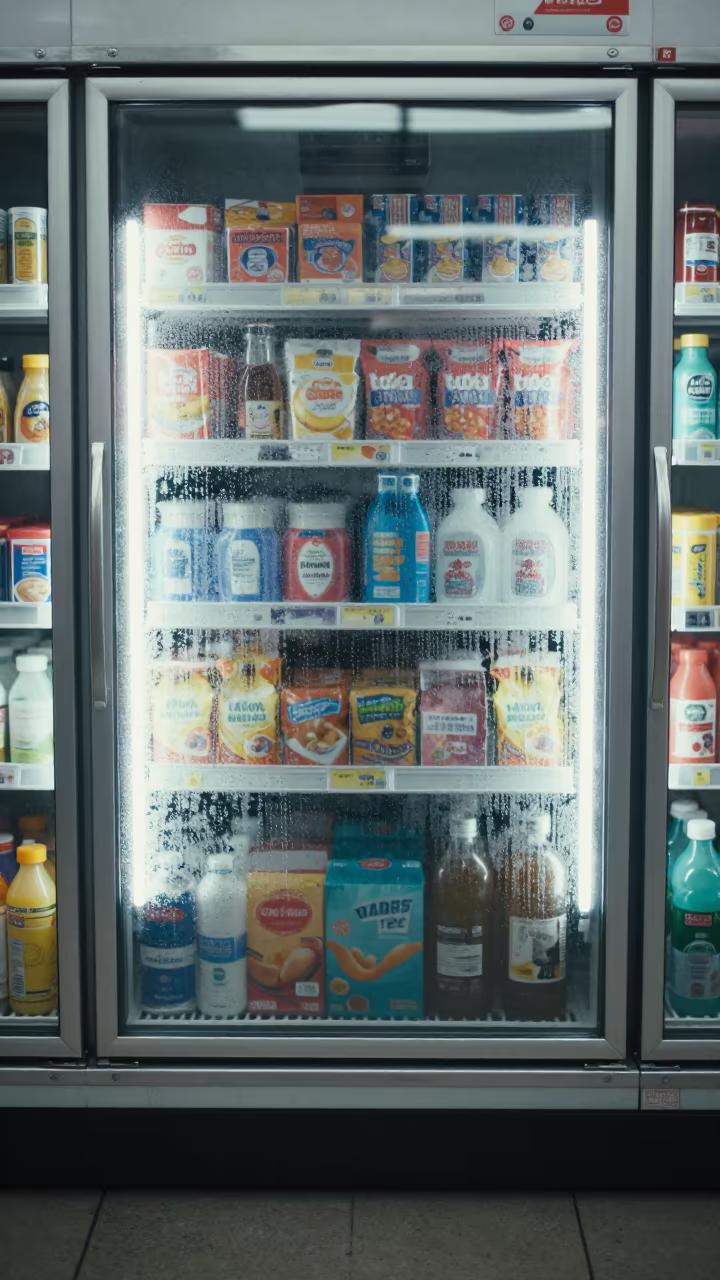 Condensation on Convenience Store Fridge Door Midnight in inside a storefront prepared for opening near Kot Addu