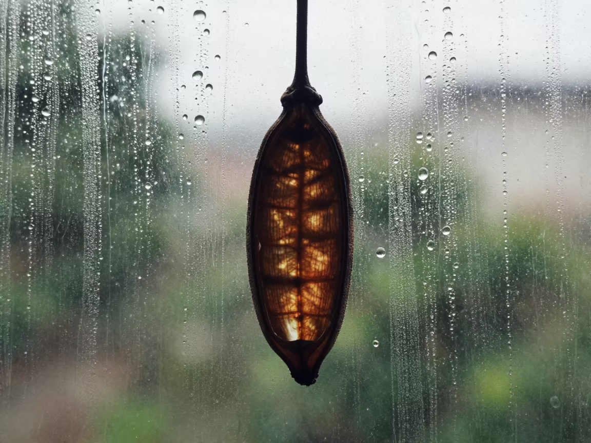 Condensation Droplets on Glass Inside Seed Pod in inside a seed pod split open in Port Louis