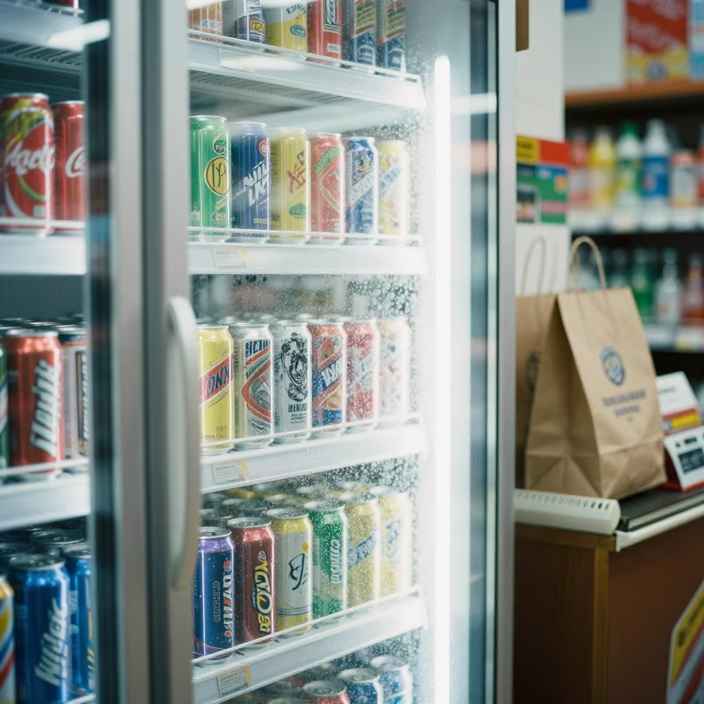 Condensation on Energy Drink Fridge Eskişehir in at a cash wrap counter with bags stacked nearby in Eskişehir