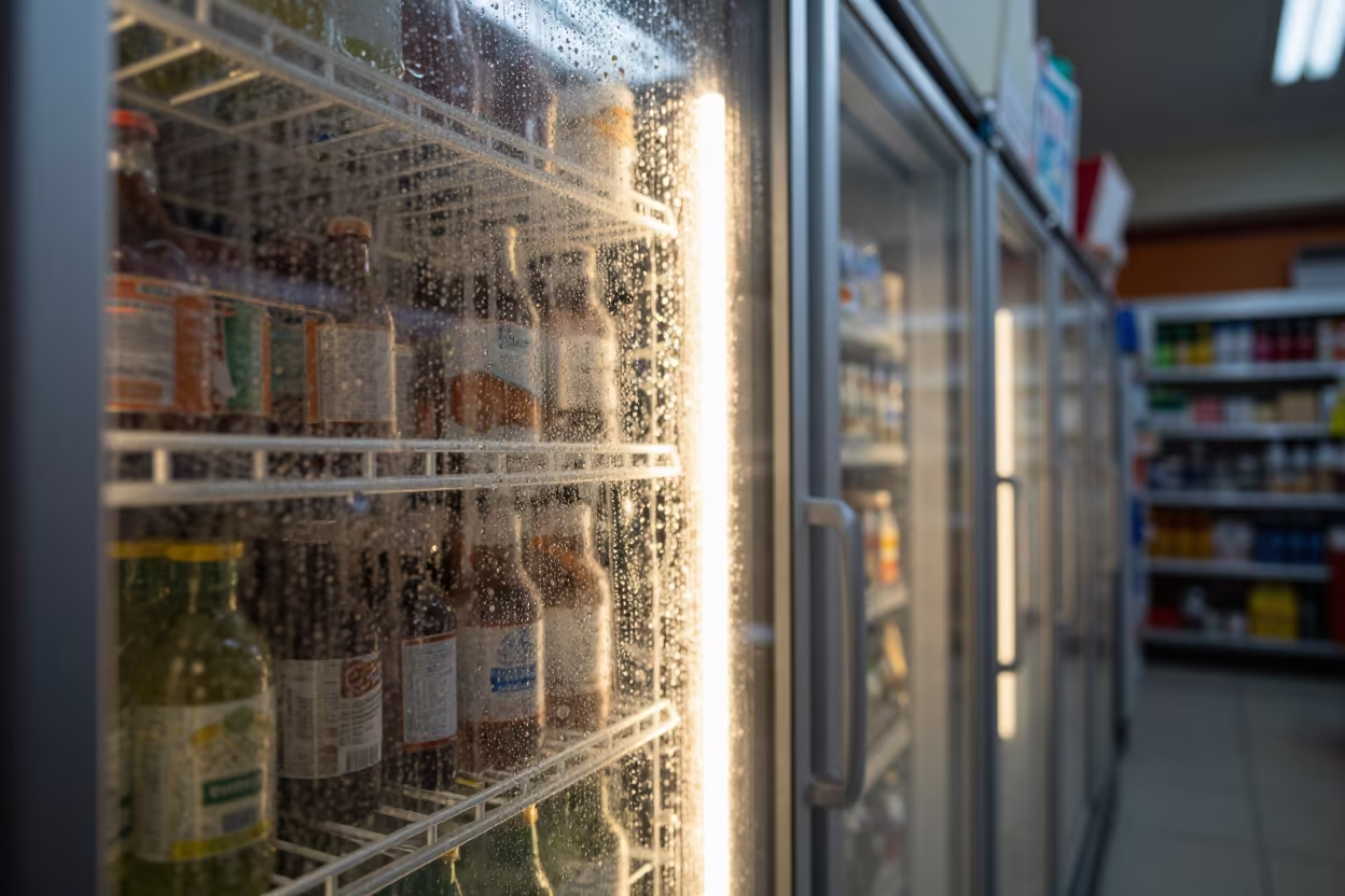 Condensation on Fridge Door in Barquisimeto Night in inside a stockroom behind the sales floor in Barquisimeto