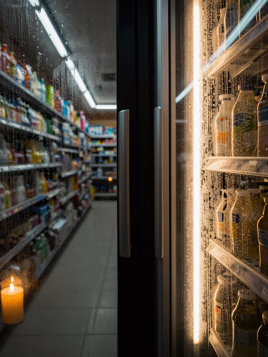 Condensation on Fridge Door in Istanbul Night in inside a bright retail aisle near Istanbul