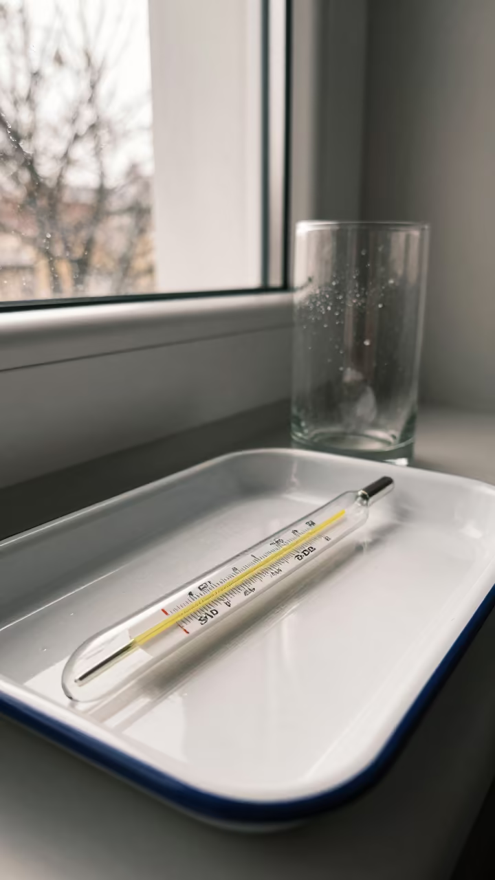 Condensation on Glass Thermometer in Hanover in on a painted display ledge in Hanover