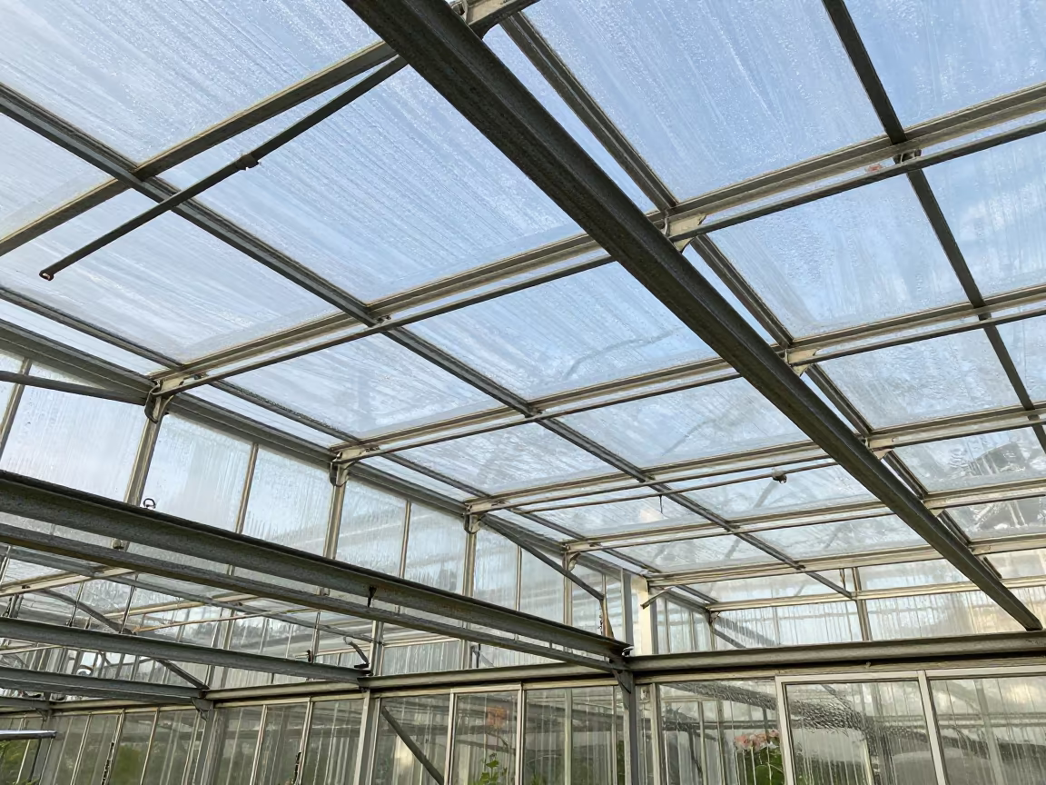Condensation on Greenhouse Glass Roof Grid in under translucent greenhouse roofing in Belgium