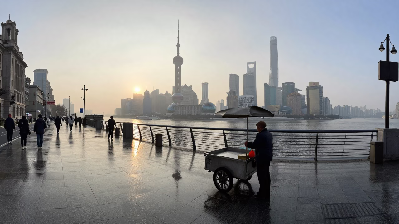 Condensation in Shanghai at As First Light Reaches The Scene in in Shanghai, China