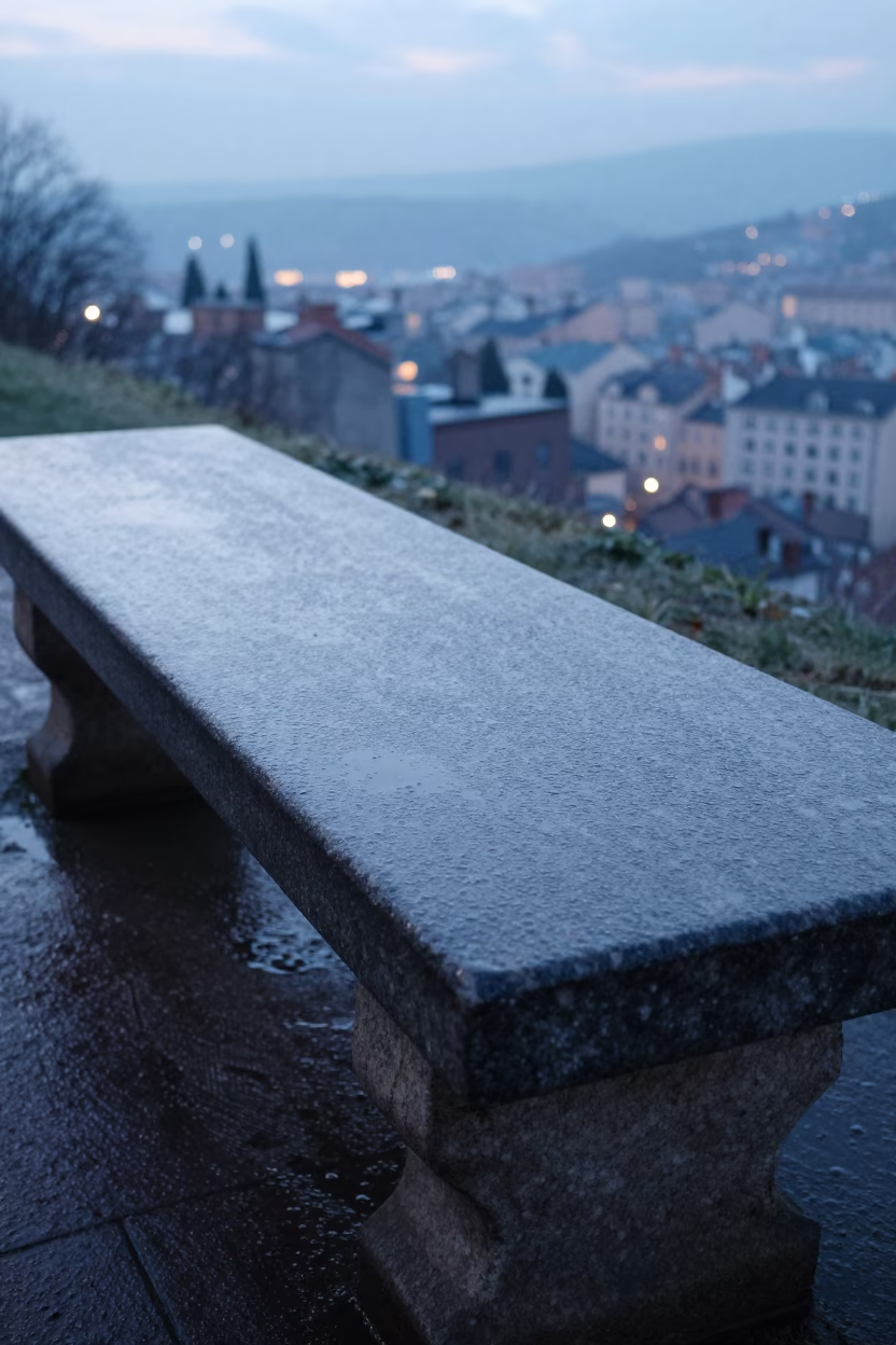 Condensation on a stone bench in Lyon before dawn near the Rhône River in in Lyon, France