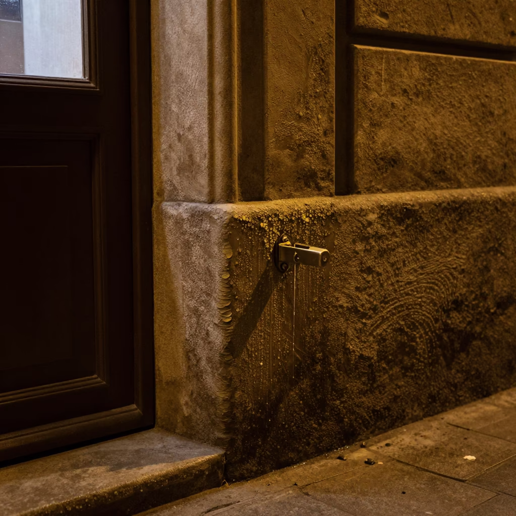 Condensation on Doorframe and Paint Flecks on Latch in Nighttime Barcelona Street in in Barcelona, Spain