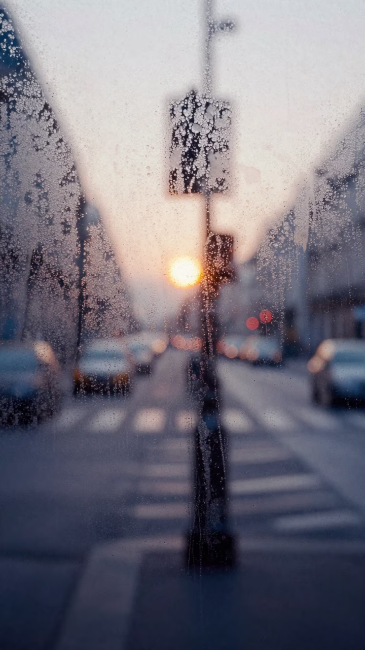 Condensation on glass reflecting pre-dawn Paris street scene before sunrise in in Paris, France