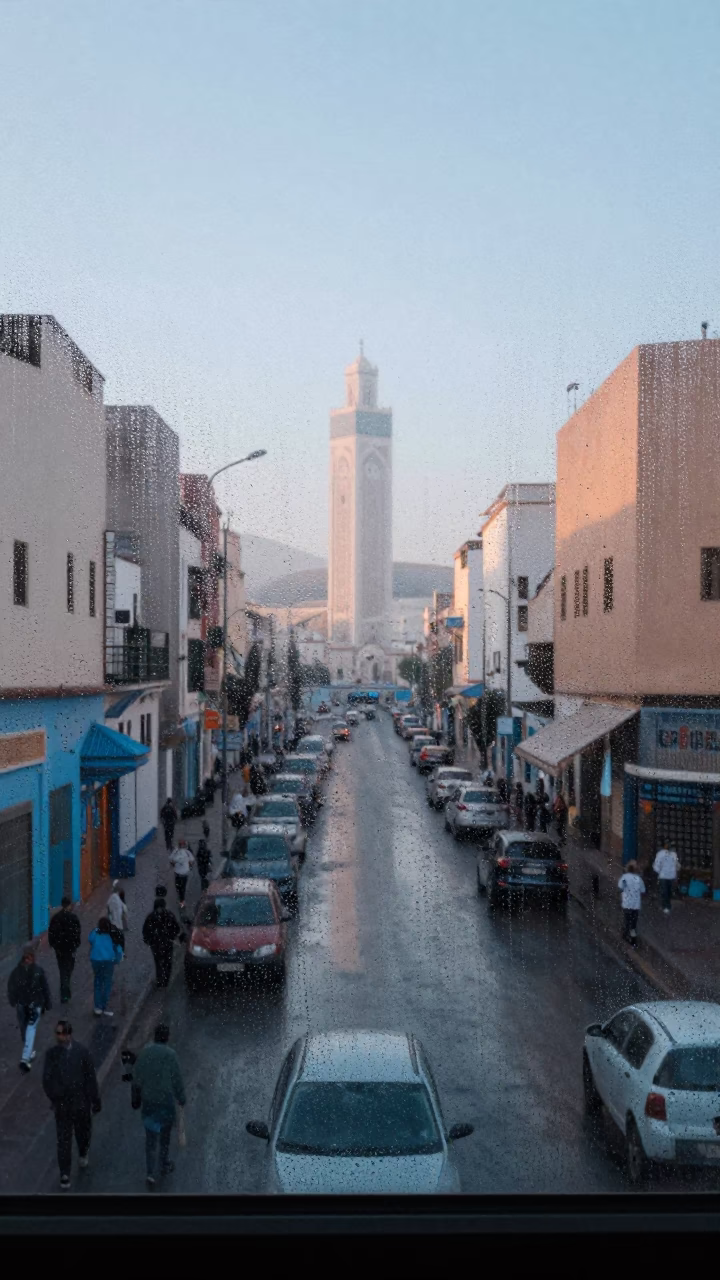 Condensation on glass reveals street view in Casablanca early morning in in Casablanca, Morocco