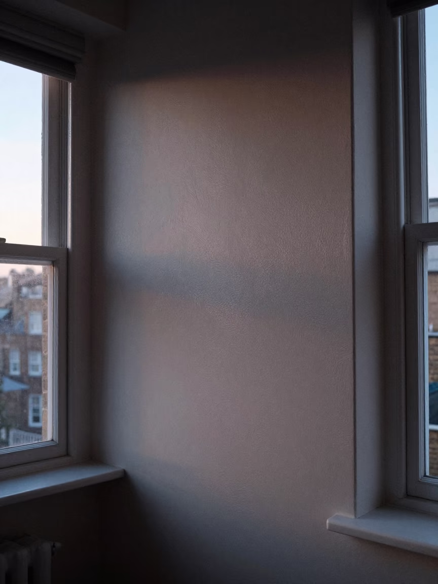 Condensation on Plaster Wall in Dimly Lit London Interior Before Sunrise in in London, United Kingdom