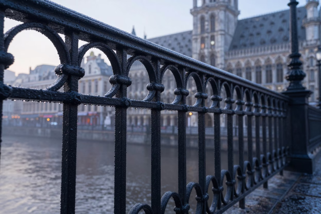 Condensation on Rail at Brussels Grand Place Before Sunrise in in Brussels, Belgium