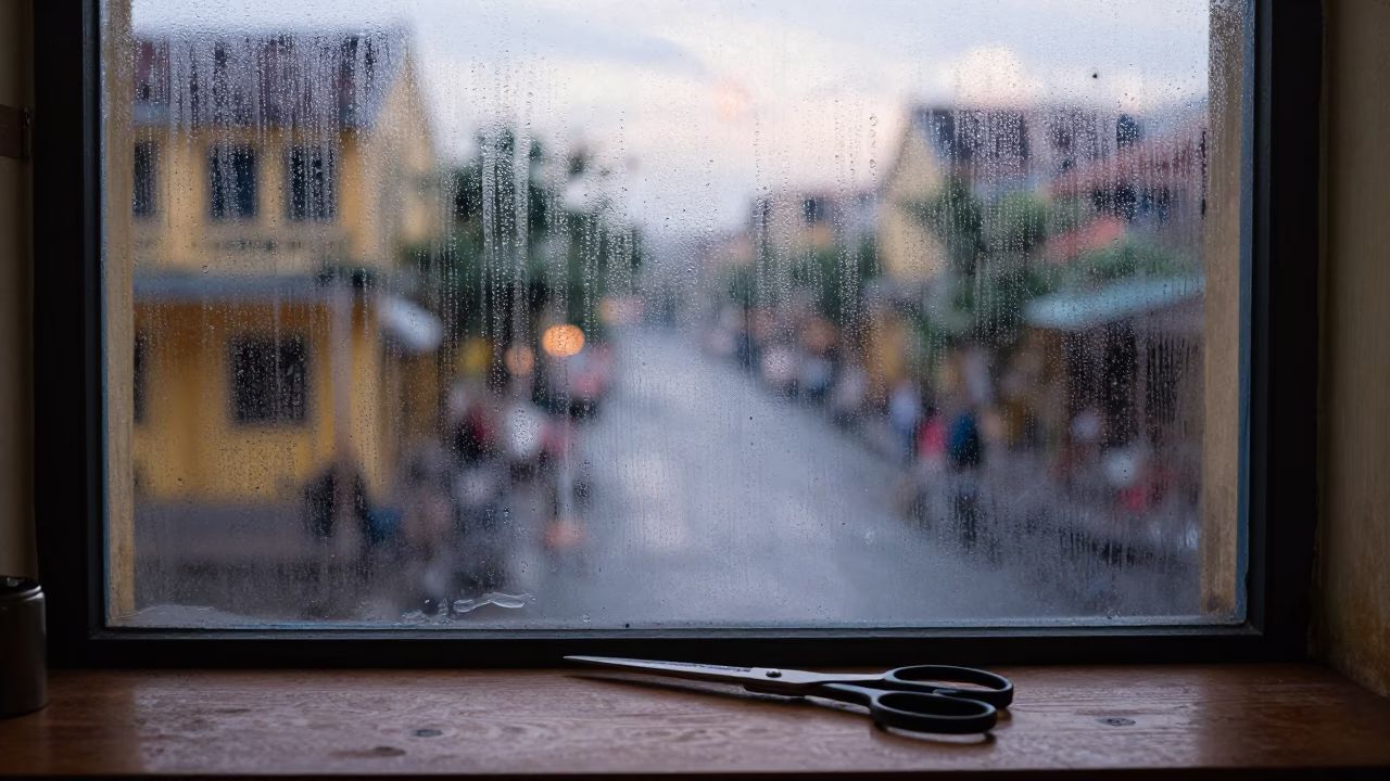 Condensation on Window Glass in Hoi An Vietnam Before Dawn with Tailor Shears in in Hoi An, Vietnam