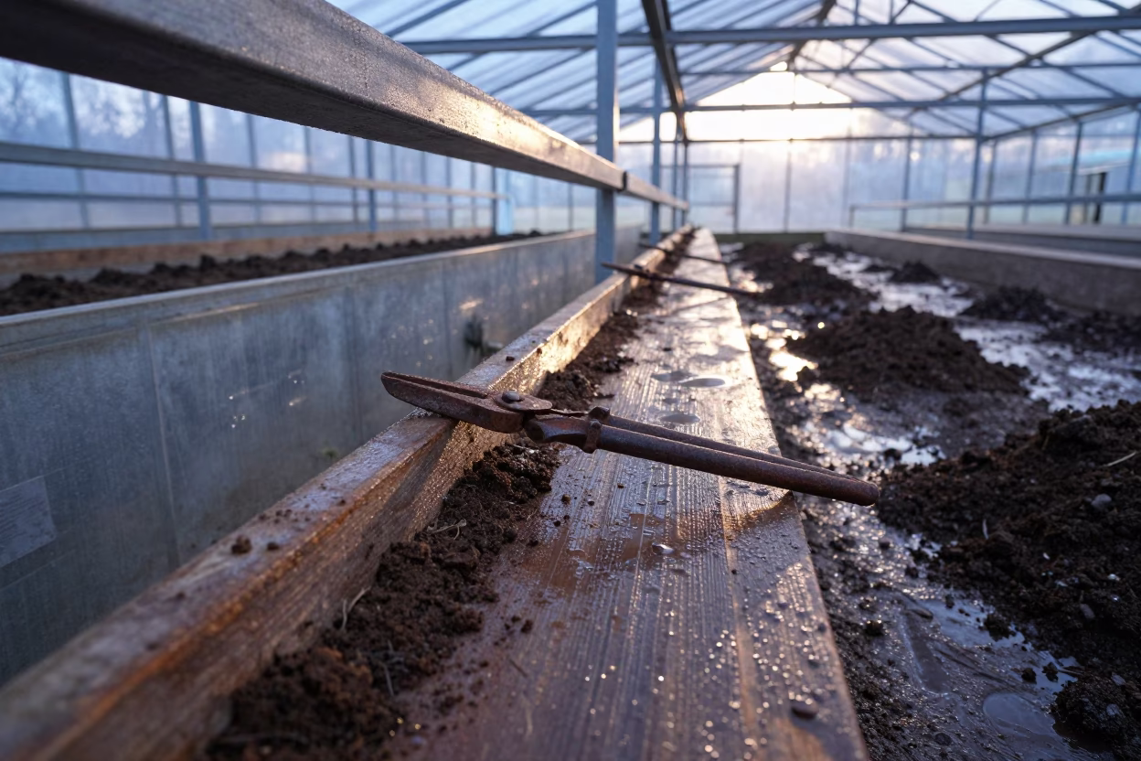 Condensation on Potting Bench at Dawn Near Peshawar in in a dairy milking parlor near Peshawar